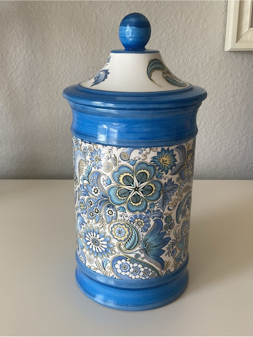 Blue Floral Ceramic Decorative Canister with Lid, made in Italy